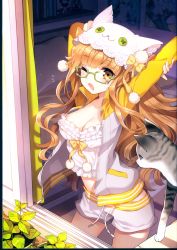Rule 34 | 1girl, absurdres, animal, animal ears, animal hat, arm behind head, arm grab, arms up, bed, blush, breasts, brown eyes, brown hair, cat, cat hat, cleavage, collarbone, cowboy shot, drawstring, frills, glasses, green-framed eyewear, grey jacket, hat, highres, huge filesize, indoors, jacket, long hair, long sleeves, looking at viewer, medium breasts, midriff, nardack, non-web source, one eye closed, open clothes, open jacket, open mouth, original, pillow, plant, pom pom (clothes), potted plant, scan, shorts, solo, stretching, tears, very long hair, white hat, white shorts, window, yawning