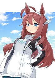Rule 34 | 1girl, :o, absurdres, ahoge, animal ears, blue eyes, blush, breasts, brown hair, clothes writing, commentary request, day, grey hairband, hair between eyes, hairband, hand in pocket, highres, hood, hood down, hoodie, horse ears, jacket, long hair, long sleeves, looking at viewer, medium breasts, mihono bourbon (umamusume), open clothes, open jacket, parted lips, route1911, solo, umamusume, upper body, v-shaped eyebrows, very long hair, white hoodie, white jacket