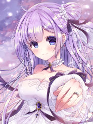 Rule 34 | 1girl, ahoge, asymmetrical bangs, azur lane, blush, breasts, cleavage, closed mouth, cloud, cloudy sky, collarbone, commentary, detached collar, dress, earrings, flower, hair bun, hair flower, hair ornament, highres, jewelry, large breasts, light particles, light purple hair, long hair, looking at viewer, off-shoulder dress, off shoulder, ornate ring, outdoors, outstretched hand, parted bangs, poco., purple eyes, ring, side bun, single hair bun, single side bun, sky, smile, solo, unicorn (a dream of pure vows) (azur lane), unicorn (azur lane), upper body, wedding dress, wedding ring, white dress