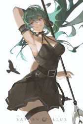 Rule 34 | 1girl, absurdres, arm up, armpits, artist name, bare shoulders, belt, bird, black belt, black dress, breasts, choker, cmdr saturn, commentary, cowboy shot, crow, dress, english commentary, gloves, green hair, grey background, grin, highres, holding, holding weapon, long hair, looking ahead, medium breasts, o-ring, o-ring choker, pleated dress, presenting armpit, purple eyes, simple background, single glove, smile, solo, sousou no frieren, standing, thigh strap, ubel (sousou no frieren), weapon