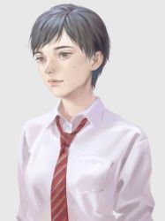 Rule 34 | 1girl, black hair, brown eyes, closed mouth, collared shirt, grey background, long sleeves, mole, mole on cheek, mole under mouth, necktie, original, red necktie, school uniform, shirt, short hair, simple background, smile, solo, tunapon01, upper body, white shirt, wing collar