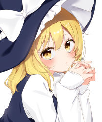 Rule 34 | 1girl, absurdres, black dress, black hat, blonde hair, blush, bow, closed mouth, commentary request, dress, frills, hair between eyes, hands up, hat, hat bow, heart, heart in eye, highres, kirisame marisa, long sleeves, looking away, medium hair, own hands together, puffy long sleeves, puffy sleeves, shinonome asu, shirt, simple background, solo, symbol in eye, touhou, twitter username, upper body, white background, white bow, white shirt, witch hat, yellow eyes