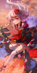 Rule 34 | 1girl, absurdres, architecture, bell, black kimono, commentary, double bun, east asian architecture, firehippo, floral print, flower knot, frilled sleeves, frills, gold trim, grey hair, grin, hair bell, hair bun, hair ornament, highres, holding, holding sword, holding weapon, hololive, horns, japanese clothes, jingle bell, karma (nakiri ayame), katana, kimono, kouhaku nawa, long hair, long sleeves, looking at viewer, mask, mask on head, multicolored hair, nakiri ayame, nakiri ayame (1st costume), off shoulder, okobo, oni, oni mask, print kimono, reaching, reaching towards viewer, red eyes, red footwear, rope, sandals, sheath, sheathed, shimenawa, shiranui (nakiri ayame), short kimono, skin-covered horns, smile, solo, streaked hair, sword, tabi, tassel, tassel hair ornament, thighhighs, two side up, v-shaped eyebrows, virtual youtuber, weapon, white thighhighs