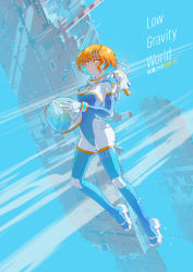 Rule 34 | blue hair, breasts, bright pupils, colored inner hair, commentary, english commentary, frostyrecon, gloves, helmet, highres, holding, holding helmet, looking up, multicolored hair, orange hair, original, science fiction, short hair, skin tight, small breasts, smile, space helmet, spacesuit, star-shaped pupils, star (symbol), symbol-shaped pupils, white gloves, white pupils, yellow eyes