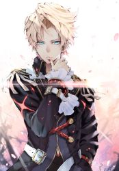 Rule 34 | 1boy, arm belt, bad id, bad pixiv id, blonde hair, blood, blood from mouth, blue eyes, coat, earrings, glint, hand in pocket, hand up, highres, hoshizaki reita, jewelry, long sleeves, looking at viewer, male focus, original, parted lips, petals, pointy ears, signature, solo, vest, wiping