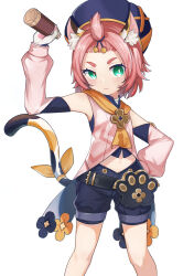 1girl :3 animal_ears animal_hands arm_up bare_shoulders belt black_belt blue_hat blue_shorts blush cat_ears cat_girl cat_tail closed_mouth clothing_cutout cocktail_shaker commentary_request detached_sleeves diona_(genshin_impact) feet_out_of_frame genshin_impact gloves green_eyes hand_on_own_hip hat highres holding looking_at_viewer navel navel_cutout otomo_no_sachi paw_gloves pink_hair pink_shirt pink_sleeves ribbon shirt shorts simple_background sleeveless sleeveless_shirt solo tail tail_ornament tail_ribbon thick_eyebrows v-shaped_eyebrows white_background yellow_ribbon