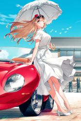 Rule 34 | 1girl, blew andwhite, blonde hair, blue eyes, blue sky, blush, braid, bridge, building, car, casual, commentary request, crown, day, dress, eyewear on head, flower, high heels, highres, holding, holding umbrella, jaguar (car), jaguar e-type, kantai collection, long hair, looking at viewer, motor vehicle, official alternate costume, one eye closed, outdoors, red flower, red rose, rose, short sleeves, sky, smile, solo, sports car, standing, sunglasses, sunlight, umbrella, warspite (kancolle), water, white dress