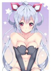 Rule 34 | 1girl, :t, ahoge, bare shoulders, bikini, black bikini, blush, breasts, cleavage, closed mouth, collarbone, commentary, elbow gloves, gloves, gradient background, groin, hair between eyes, hairband, innocent cluster, long hair, looking at viewer, matoi (pso2), medium breasts, milkpanda, navel, phantasy star, phantasy star online 2, pout, red eyes, silver hair, solo, star (symbol), swimsuit, twintails, v arms, very long hair