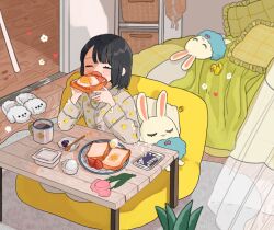 Rule 34 | 1girl, bed, bedroom, black hair, blush, breakfast, butter, cellphone, closed eyes, cup, duck print, eating, female focus, flower, food, fried egg, fried egg on toast, fruit, heart, holding, holding food, maple (abc2215), medium hair, mug, musical note, open mouth, original, pajamas, phone, plate, print pajamas, rubber duck, rug, sitting, sliding doors, slippers, smartphone, solo, strawberry, stuffed animal, stuffed rabbit, stuffed toy, table, tulip, wooden floor
