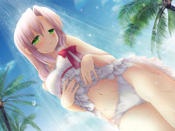 Rule 34 | 1girl, bare shoulders, bow, breasts, cafe sourire, clothes lift, dress, dutch angle, frilled dress, frills, from below, green eyes, hair bow, highres, image sample, medium breasts, mizushima kasumi, natsume eri, palm tree, panties, shower, skirt, skirt lift, sleeveless, sleeveless dress, smile, solo, tree, underwear, upskirt, wallpaper, wet, white panties