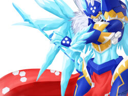 Rule 34 | armor, digimon, digimon (creature), hexeblaumon, highres, ice, red eyes, simple background, solo, white background