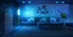 Rule 34 | bicycle, blue theme, book, book stack, cabinet, couch, cup, cushion, highres, indoors, lamp, night, no humans, original, painting (object), plant, potted plant, rkmlady, rug, scenery, table
