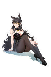 Rule 34 | 1girl, absurdres, alternate costume, animal ears, atago (azur lane), azur lane, bare shoulders, black bow, black footwear, black hair, black pantyhose, bow, bowtie, breasts, brown pantyhose, cleavage, detached collar, extra ears, full body, hair between eyes, high heels, highres, large breasts, leotard, long hair, nontraditional playboy bunny, pantyhose, playboy bunny, shadow, shoes, side-tie leotard, simple background, strapless, strapless leotard, white background, wing collar, wrist cuffs, yellow eyes, yigali xinji