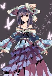 Rule 34 | 1girl, alternate costume, aoi kujira, bad id, bad twitter id, bare shoulders, breasts, bright pupils, bug, butterfly, hair between eyes, hat, insect, looking at viewer, petals, purple eyes, purple hair, ribbon, saigyouji yuyuko, short hair, smile, solo, touhou, triangular headpiece, white pupils