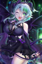 Rule 34 | 1girl, apricot the lich, apricot the lich (1st costume), aqua eyes, aqua hair, bat wings, breasts, cleavage, cleavage cutout, clothing cutout, demon tail, highres, horns, jewelry, lich, maiulive, medium breasts, nail polish, pointy ears, skirt, smile, solo, tail, virtual youtuber, vshojo, wings