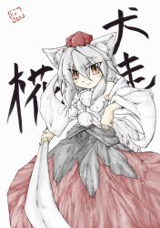 Rule 34 | 1girl, animal ears, character name, detached sleeves, female focus, hat, highres, hyton, hyton (pixiv68383), inubashiri momiji, silver hair, solo, sword, tail, tokin hat, touhou, weapon, wolf ears, wolf tail