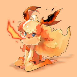 Rule 34 | 1girl, :3, ahoge, arm warmers, blonde hair, blue eyes, breasts, breath weapon, breathing fire, brown background, burnt clothes, cleavage, colored skin, creatures (company), fang, fire, flareon, full body, game freak, gen 1 pokemon, gradient legwear, hair ribbon, highres, jumpsuit, long hair, looking at viewer, multicolored hair, myu (3u gumi), nintendo, no shoes, open mouth, orange background, orange hair, orange jumpsuit, orange ribbon, orange skin, orange theme, orange thighhighs, personification, pokemon, ribbon, simple background, sitting, small breasts, solo, thighhighs, toeless legwear, twitter username, two-tone hair, v arms, very long hair, wariza, yellow thighhighs