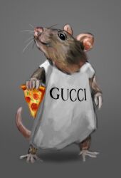 Rule 34 | animal, animal focus, commentary, english commentary, food, full body, grey background, holding, holding food, holding pizza, mouse (animal), no humans, original, pizza, simple background, solo, standing, stylishkira, tail, whiskers