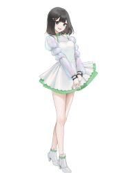 1girl black_eyes black_hair blunt_bangs breasts collar green_collar green_nails hair_ornament heart heart_hair_ornament high_heels idol iridescent looking_at_viewer manaka_tomonaga negative_happy official_art ohisashiburi puffy_sleeves short_hair small_breasts smile standing transparent_background