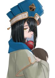 Rule 34 | 1girl, :p, absurdres, black hair, blue headwear, blunt ends, chinese clothes, fate/grand order, fate (series), hair ornament, hair over one eye, hair stick, highres, hugging object, long sleeves, looking at viewer, simple background, solo, tongue, tongue out, upper body, white background, xu fu (fate), yamada raen, yellow eyes