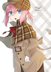 Rule 34 | 1girl, blue eyes, capelet, character name, coat, commentary request, cosplay, cowboy shot, dated, deerstalker, detective, gloves, hat, kantai collection, looking at viewer, one-hour drawing challenge, pink hair, plaid, plaid background, sherlock holmes, sherlock holmes (cosplay), shiranui (kancolle), short hair, sidelocks, solo, the adventures of sherlock holmes, trench coat, twitter username, u yuz xx, white gloves