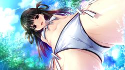 Rule 34 | 1girl, bikini, black hair, cameltoe, choker, crotch, day, from below, front-tie bikini top, front-tie top, game cg, hair rings, haruru minamo ni!, highres, light rays, long hair, looking at viewer, navel, official art, open mouth, outdoors, red eyes, shintarou, solo, sparkle, splashing, standing, stomach, swimsuit, third-party source, wading, water, white bikini, yamagami miori