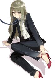 Rule 34 | 1boy, absurdres, androgynous, business suit, buttoned cuffs, buttons, collared shirt, formal, full body, grey eyes, grey hair, high heels, highres, id card, jacket, long hair, long sleeves, looking at viewer, male focus, office lady, pomu (joynet), red footwear, senpai wa otokonoko, shirt, shirt tucked in, suit, suit jacket, trap, white shirt