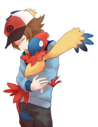 Rule 34 | 1boy, affectionate, archen, belt buckle, blackspade, blue jacket, blurry, brown hair, buckle, closed eyes, closed mouth, commentary request, creatures (company), game freak, gen 5 pokemon, grey pants, hat, hilbert (pokemon), holding, holding pokemon, jacket, long sleeves, male focus, nintendo, pants, pokemon, pokemon (creature), pokemon bw, red headwear, short hair, simple background, smile, white background