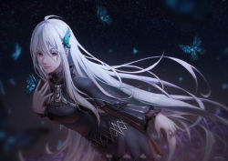 Rule 34 | 1girl, absurdres, ahoge, black capelet, black dress, blurry, blurry background, blurry foreground, bug, butterfly, butterfly on hand, capelet, closed mouth, colored eyelashes, dress, echidna (re:zero), floating hair, hair between eyes, hair ornament, highres, insect, long hair, long sleeves, re:zero kara hajimeru isekai seikatsu, red eyes, silver hair, sky, smile, solo, star (sky), starry sky, very long hair, zieru