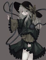 Rule 34 | 1girl, bags under eyes, black hat, blouse, bow, buttons, capelet, cowboy shot, diamond button, eyeball, frilled capelet, frilled skirt, frilled sleeves, frills, green capelet, green eyes, green skirt, grey background, grey hair, hair between eyes, hat, hat bow, hat ribbon, highres, komeiji koishi, light frown, long sleeves, looking at viewer, looking to the side, medium hair, open mouth, parted lips, reverinth, ribbon, shirt, simple background, skirt, solo, standing, third eye, touhou, wide sleeves, yellow bow, yellow ribbon, yellow shirt