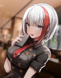 Rule 34 | 1girl, absurdres, admiral graf spee (azur lane), admiral graf spee (girl&#039;s sunday) (azur lane), arm at side, azur lane, black dress, blue eyes, blurry, blurry background, blush, breasts, cellphone, collared dress, commentary request, dress, full-face blush, hand up, highres, holding, holding phone, indoors, looking at viewer, medium breasts, multicolored hair, necktie, open mouth, phone, red necktie, seorang, short hair, short sleeves, silver hair, sleeve cuffs, smartphone, solo, streaked hair, two-tone hair, upper body, wooden floor