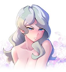 Rule 34 | 1girl, blue eyes, blush, breasts, cleavage, completely nude, diana cavendish, floral background, geewhy, green hair, grey hair, large breasts, little witch academia, looking at viewer, multicolored hair, nude, parted lips, solo, symbol-only commentary, two-tone hair, white background