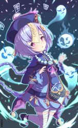 Rule 34 | 1girl, aura, bandaged arm, bandages, bead necklace, beads, black footwear, blue hat, blue jacket, braid, commentary request, cropped jacket, dress, genshin impact, ghost, hat, highres, jacket, jewelry, long hair, long sleeves, looking at viewer, necklace, ofuda, parted lips, purple eyes, purple hair, qingdai guanmao, qiqi (genshin impact), shoes, single braid, sleeves past wrists, solo, thighhighs, very long hair, white dress, white thighhighs, wide sleeves, yenm, yin yang