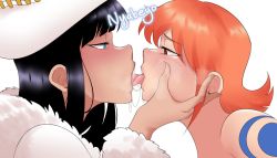 Rule 34 | 2girls, artist name, black hair, blue eyes, blush, close-up, cowboy hat, eye contact, from side, furrowed brow, half-closed eyes, hat, highres, holding face, kiss, long hair, looking at another, multiple girls, nami (one piece), nico robin, nose, nose blush, nyabeyo, one piece, orange hair, profile, red eyes, short hair, simple background, skindentation, teeth, white background, white headwear, yuri