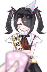 Rule 34 | 1girl, :d, ame-chan (needy girl overdose), birthday sash, black hair, black ribbon, black skirt, blurry, blurry foreground, closed eyes, collared shirt, commentary request, confetti, cowboy shot, crossed arms, deal with it (meme), eyewear on head, facing viewer, hair ornament, hair over one eye, hat, highres, meme, neck ribbon, needy girl overdose, open mouth, party hat, pov, pov hands, red shirt, ribbon, shirt, simple background, skirt, smile, standing, sunglasses, suspender skirt, suspenders, twintails, white background, x hair ornament, yui (htbanz3)