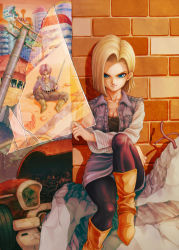 Rule 34 | 1boy, 1girl, android, android 18, blonde hair, blue eyes, boots, breasts, brick wall, broken glass, car, cleavage, dragon ball, dragonball z, glass, highres, motor vehicle, panties, panties over pantyhose, pantyhose, pantyshot, red pupils, reflection, short hair, sitting, skirt, smile, sword, trunks (dragon ball), trunks (future) (dragon ball), underwear, upskirt, vehicle, vest, weapon, yosui