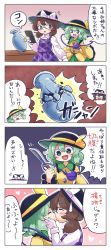 Rule 34 | 2girls, 4koma, black hat, bow, broken, cellphone, closed eyes, comic, flying sweatdrops, frilled sleeves, frills, from side, gloves, green eyes, green hair, green skirt, hand up, hands on another&#039;s cheeks, hands on another&#039;s face, hat, hat bow, heart, highres, holding, holding phone, itatatata, kiss, kiss day, knife, komeiji koishi, miniskirt, multiple girls, open mouth, phone, plaid, plaid skirt, plaid vest, purple skirt, purple vest, shirt, skirt, sleeves past fingers, sleeves past wrists, smartphone, smile, sweatdrop, third eye, touhou, translation request, usami sumireko, vase, vest, white bow, white gloves, white shirt, wide sleeves, yellow bow, yellow shirt, yuri