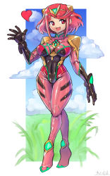 Rule 34 | 1girl, adapted costume, alternate costume, bodysuit, breasts, chest jewel, highres, interface headset, large breasts, oomasa teikoku, plugsuit, pyra (xenoblade), red eyes, red hair, short hair, skin tight, solo, swept bangs, xenoblade chronicles (series), xenoblade chronicles 2