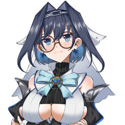 Rule 34 | 1girl, puff of air, blue eyes, blue hair, bow, bow earrings, breasts, cleavage cutout, clothing cutout, crossed arms, detached sleeves, earrings, english text, glasses, hair intakes, hair ribbon, heart-shaped gem, highres, hololive, hololive english, jewelry, large breasts, multicolored eyes, ouro kronii, ouro kronii (1st costume), persocon93, ribbon, ribbon earrings, simple background, solo, underboob, underboob cutout, upper body, virtual youtuber, white background, zipper, zipper pull tab