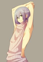 Rule 34 | 1boy, armpits, bare shoulders, green eyes, high speed!, male focus, memeo (candy house), purple hair, serizawa nao, short hair, simple background, smile, solo, sweater, tareme