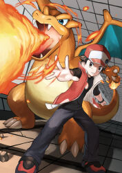 Rule 34 | 1boy, absurdres, black shirt, black wristband, breath weapon, breathing fire, brown eyes, brown hair, ceiling, charizard, claws, clenched hand, commentary request, creatures (company), fire, game freak, gen 1 pokemon, hat, highres, indoors, jira (ziraiya26), male focus, nintendo, official alternate costume, open clothes, open vest, outstretched arms, pants, pokemon, pokemon (creature), pokemon masters ex, red (pokemon), red (sygna suit) (pokemon), red hat, red vest, shirt, shoes, short hair, spread fingers, squatting, standing, teeth, vest