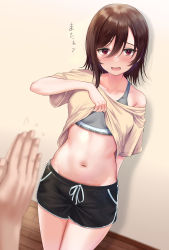 Rule 34 | 1girl, absurdres, black shorts, bra, brown hair, clothes lift, cowboy shot, dolphin shorts, grey bra, groin, hair between eyes, highres, lifted by self, looking at viewer, navel, off-shoulder shirt, off shoulder, open mouth, original, pov, rama (yu-light8), red eyes, shirt, shirt lift, short hair, short shorts, shorts, solo, sports bra, standing, stomach, thighs, underwear, yellow shirt