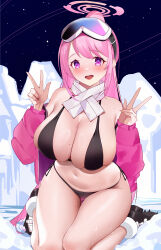 Rule 34 | 1girl, absurdres, bikini, bird, black bikini, blue archive, blush, double v, down jacket, eimi (blue archive), eimi (swimsuit) (blue archive), glacier, goggles, goggles on head, halo, highres, jacket, long hair, looking at viewer, mcic0, official alternate costume, open clothes, open jacket, open mouth, padded jacket, penguin, pink halo, pink jacket, scarf, ski goggles, smile, snow duck, solo, swimsuit, v, white scarf