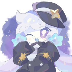 Rule 34 | 1girl, ;3, ;d, black coat, black hat, blue tongue, border, close-up, coat, cold you, colored mouth, colored skin, colored tongue, cookie run, cookie run: kingdom, dual wielding, hands up, hat, holding, holding star, light blush, long sleeves, lowres, milky way cookie, necktie, one eye closed, open mouth, purple eyes, raised eyebrows, round border, sideways hat, single eyebrow, sleeves past fingers, sleeves past wrists, smile, solo, star (symbol), starry background, twintails, upper body, white border, white hair, white necktie, white skin