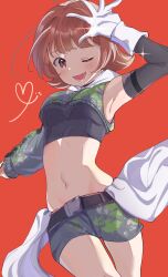 Rule 34 | 1girl, absurdres, arm up, armpits, belt, black belt, black shorts, black sleeves, blush, brown eyes, brown hair, cowboy shot, crop top, cropped shirt, detached sleeves, dirty, dirty clothes, dot nose, fang, gloves, heart, highres, idolmaster, idolmaster million live!, idolmaster million live! theater days, long sleeves, looking at viewer, midriff, navel, nonohara akane, one eye closed, ooho0216, open hand, open mouth, outstretched arm, red background, short hair, shorts, simple background, single bare shoulder, single detached sleeve, single sleeve, skin fang, smile, solo, sparkle, standing, two-tone skirt, white gloves