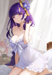Rule 34 | 1girl, absurdres, alternate costume, bare shoulders, blunt bangs, blush, breasts, character doll, cleavage, closed mouth, collarbone, curtains, dot mouth, film grain, genshin impact, hair ornament, hand up, highres, long hair, looking at viewer, low-braided long hair, low-tied long hair, medium breasts, off shoulder, on bed, opm7760, panties, playing with own hair, purple eyes, purple hair, raiden shogun, seiza, side-tie panties, sidelocks, sitting, solo, stuffed toy, underwear, white chemise, yae miko