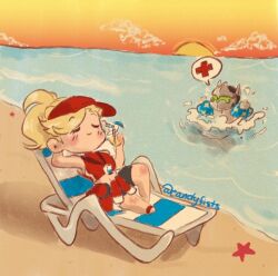 Rule 34 | beach, blonde hair, chibi, genji (overwatch), hand on own head, juice, lifeguard, mercy (overwatch), overwatch, sun, visor cap