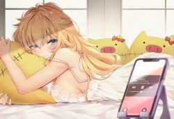 Rule 34 | 1girl, akai haato, blonde hair, blue eyes, blush, breast press, breasts, cellphone, closed mouth, haaton (akai haato), hair between eyes, highres, hololive, indoors, large breasts, light smile, long hair, looking at viewer, lying, makinan, nightgown, hugging object, on stomach, phone, pillow, pillow hug, shadow, smartphone, solo, strap slip, stuffed animal, stuffed pig, stuffed toy, sunlight, virtual youtuber, window