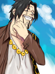 Rule 34 | 1boy, bins-2525, black hair, facial hair, grin, highres, higuma (one piece), jewelry, male focus, necklace, one piece, smile, solo