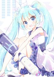 Rule 34 | 1girl, :d, absurdres, aobahosino, audio visualizer, blue archive, blue eyes, blue hair, blue sailor collar, bow, dress, hair bow, hatsune miku, highres, long hair, looking at viewer, open mouth, sailor collar, sitting, sleeveless, sleeveless dress, smile, solo, very long hair, vocaloid, white bow, white dress